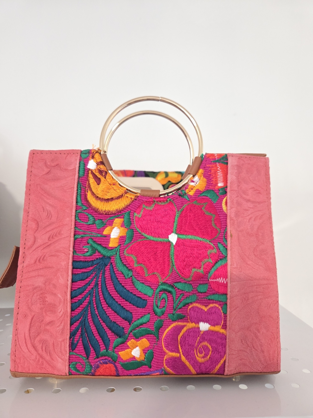 Vibrant Pink Floral Embroidered Satchel with Gold Ring Handles